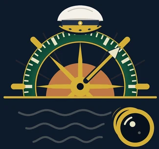 The Command Desk emblem: a captain's cap above a ship's wheel and a rising sun.