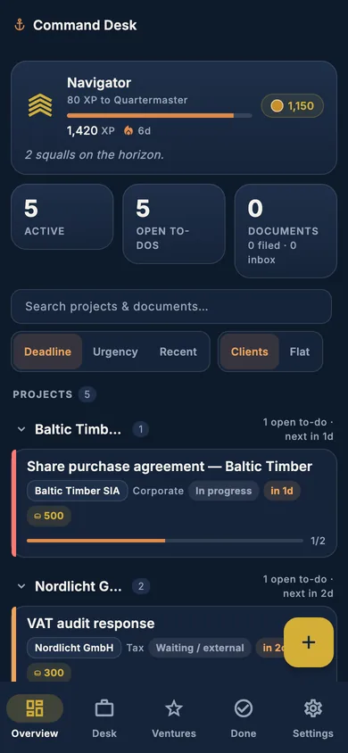 Command Desk overview on a phone: rank and XP, counts of active matters and open to-dos, and matters grouped by client with their deadlines.